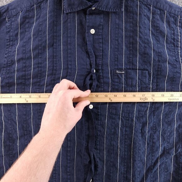 Faconnable Striped Small Linen Blue Shirt Mens Button Up Long Sleeve Pocket - Picture 10 of 14